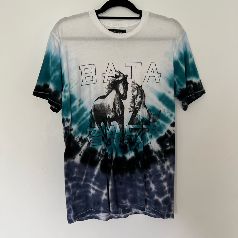NEW Baja East Blue and White Tie-Dye Horse Logo T-Shirt